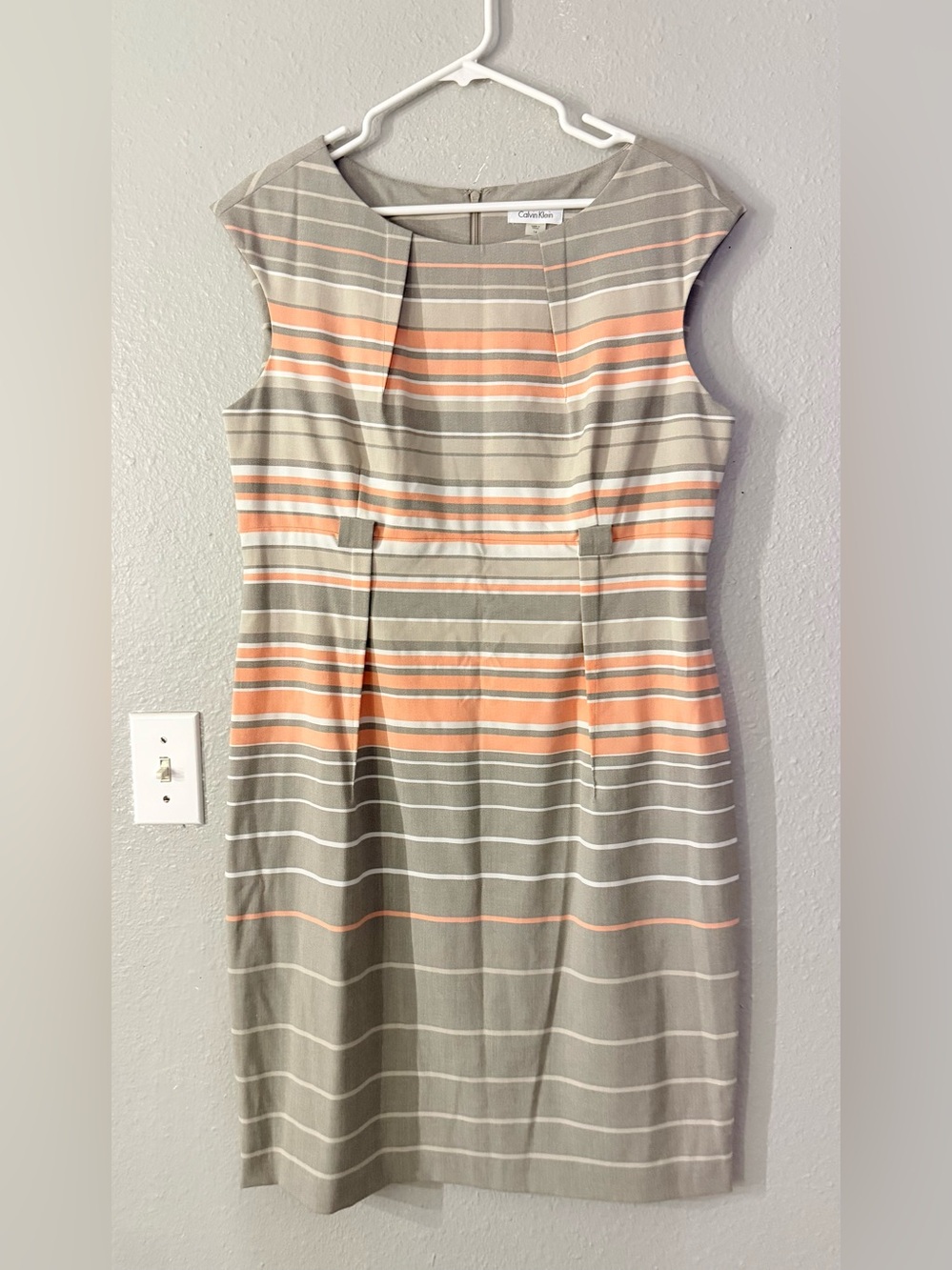 Calvin Klein Striped Midi Sheath Dress in Peach and Taupe